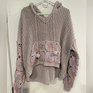 POL Taupe Knit Hoodie with Blue and Pink Accents